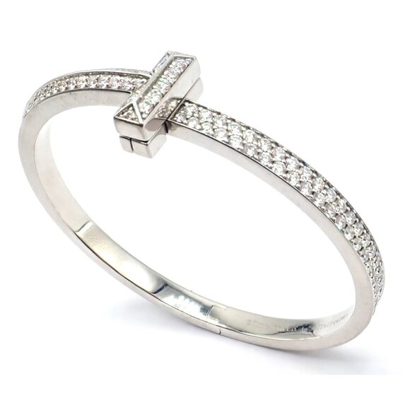 Authentic! Tiffany & Co 18k White Gold Diamond T1 Wide Hinged Bangle Bracelet - Picture 3 of 13